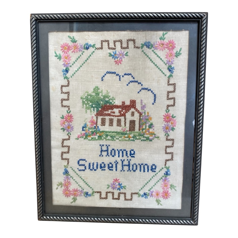 Antique Vintage Embroidered Crossstitch Crewel Home Sweet Home Framed Pattern